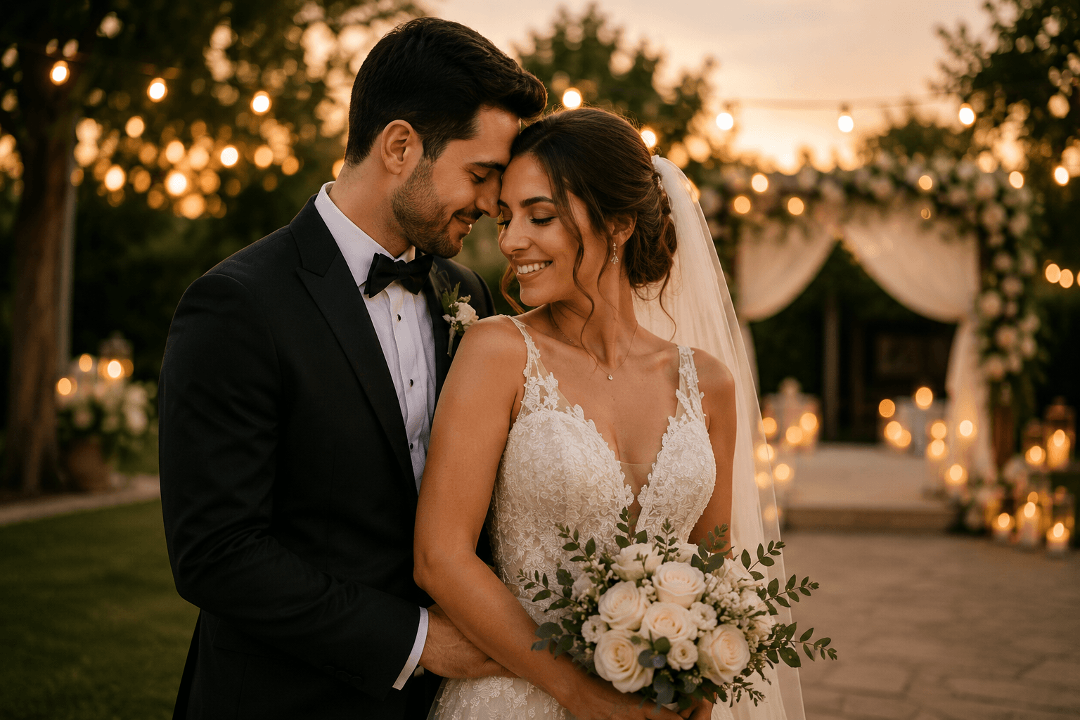 Düğün günü poz veren gelin ve damat